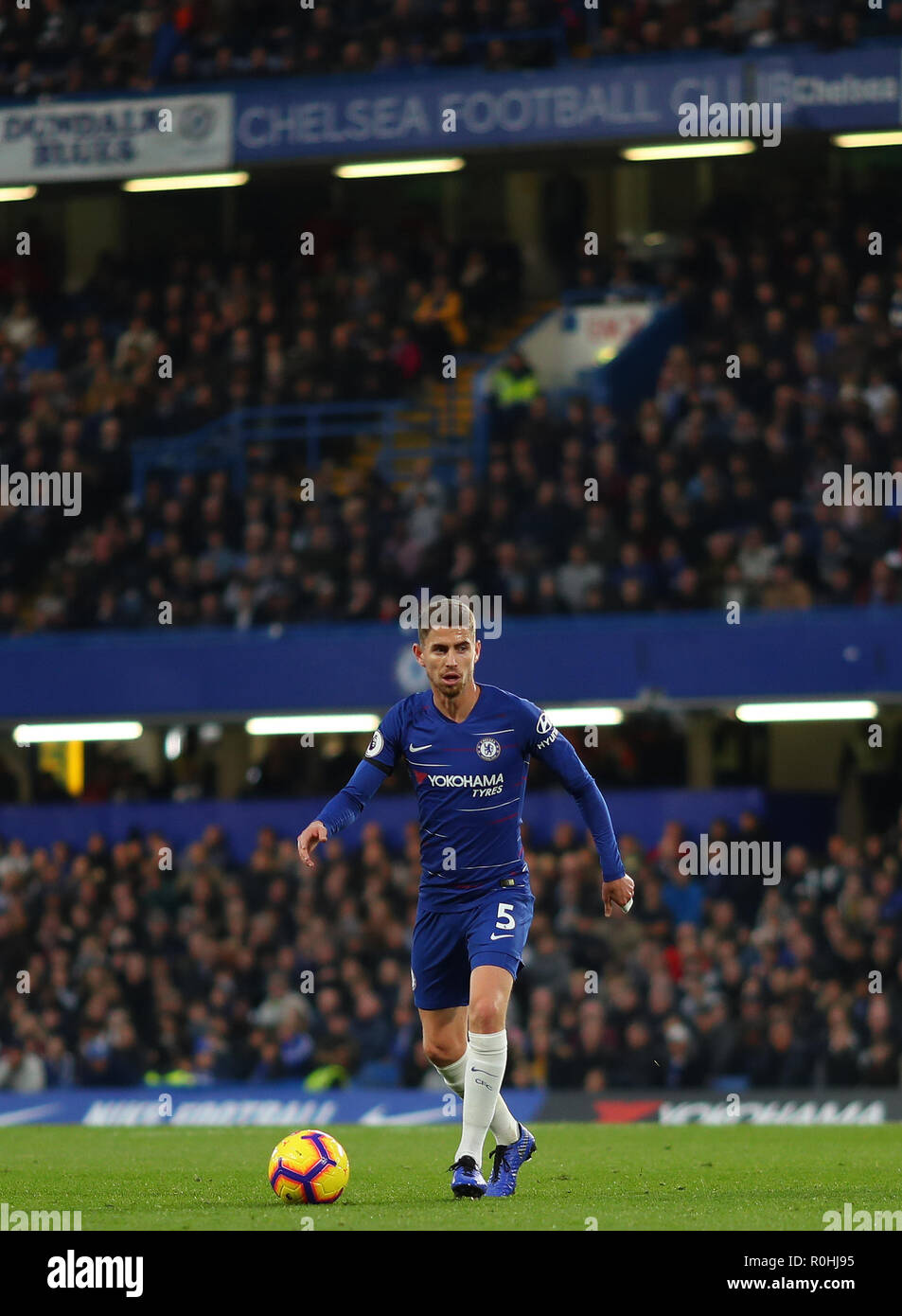 Jorginho of Chelsea - Chelsea v Crystal Palace, Premier League, Stamford Bridge, London - 4th November 2018  STRICTLY EDITORIAL USE ONLY - DataCo rules apply - The use of this image in a commercial context is strictly prohibited unless express permission has been given by the club(s) concerned. Examples of commercial usage include, but are not limited to, use in betting and gaming, marketing and advertising products. No use with unauthorised audio, video, data, fixture lists, club and or league logos or services including those listed as 'live' Stock Photo