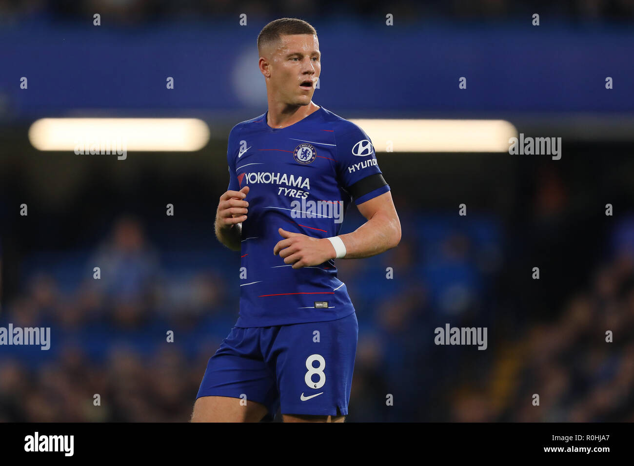 Ross Barkley of Chelsea - Chelsea v Crystal Palace, Premier League, Stamford Bridge, London - 4th November 2018  STRICTLY EDITORIAL USE ONLY - DataCo rules apply - The use of this image in a commercial context is strictly prohibited unless express permission has been given by the club(s) concerned. Examples of commercial usage include, but are not limited to, use in betting and gaming, marketing and advertising products. No use with unauthorised audio, video, data, fixture lists, club and or league logos or services including those listed as 'live' Stock Photo