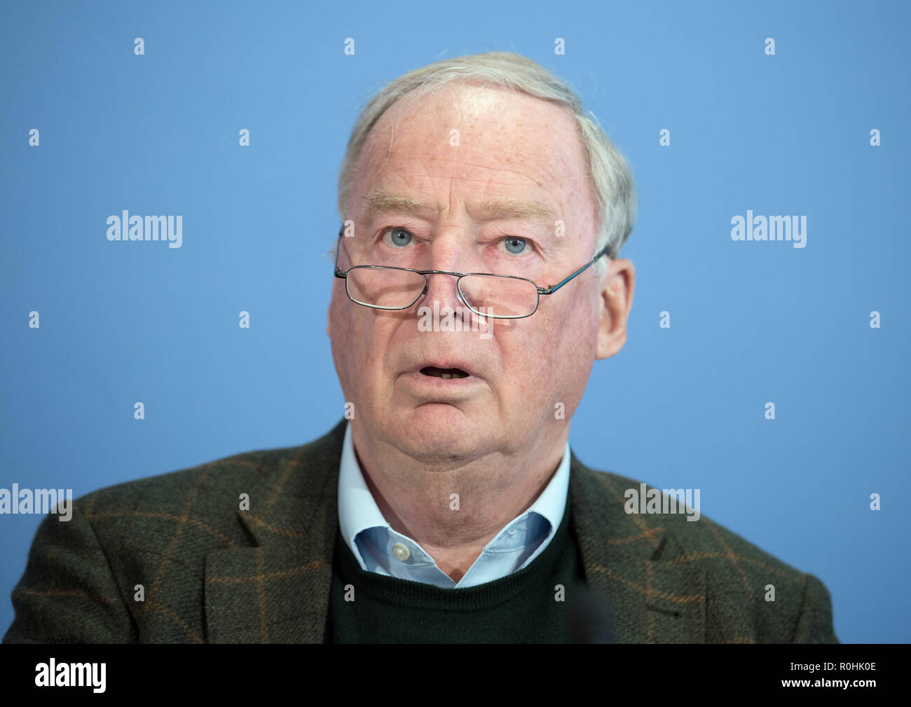 Berlin, Germany. 05th Nov, 2018. Alexander Gauland, spokesman for the Alternative for Germany Party (AfD), will speak at a press conference on 'The AfD, the Protection of the Constitution and Freedom of Expression in Germany'. Credit: Soeren Stache/dpa/Alamy Live News Stock Photo