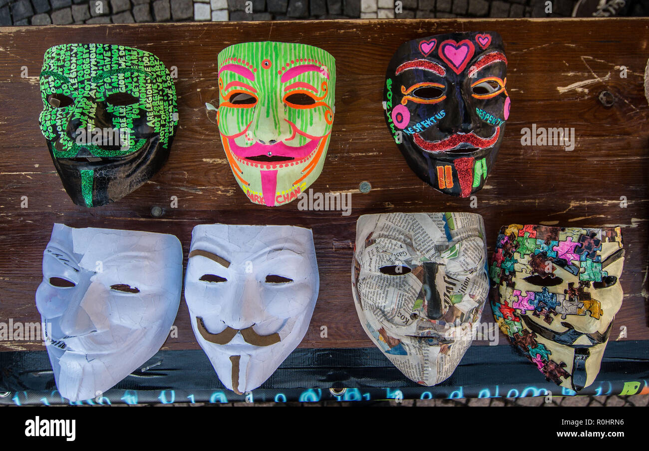 Munich, Bavaria, Germany. 5th Nov, 2018. Anonymous Guy Fawkes masks in  various stages of customization. Organised by the Independent Anons group  of Munich, a Million Mask March MMM2018 took place in Munich,