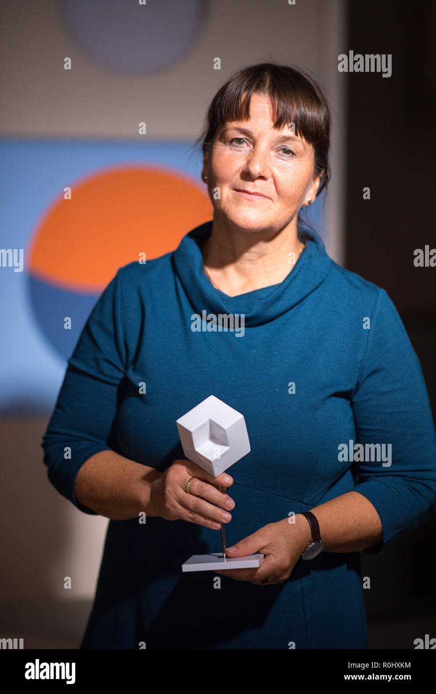 Dresden, Germany. 05th Nov, 2018. Katrin Ursula Stapf, winner of the Saxon State Prize for Design in the category Designed Craftsmanship for her project of spaces for promotion and therapy, looks into the camera after the award ceremony. The Saxon State Prize for Design is endowed with a total of 50,000 euros and is awarded every two years. Credit: Monika Skolimowska/dpa-Zentralbild/dpa/Alamy Live News Stock Photo