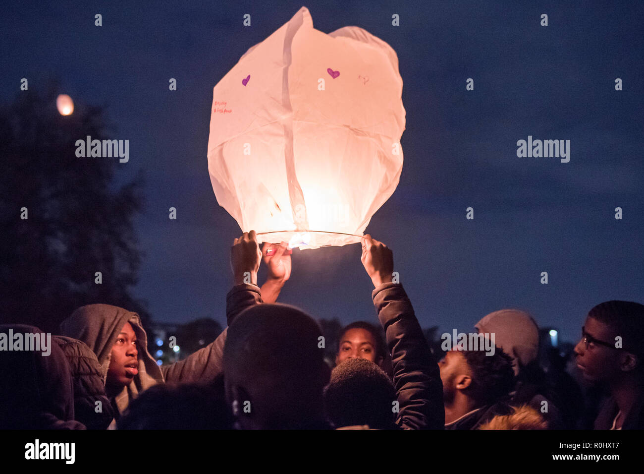 Clapham South, London, UK. 5th Nov 2018. A vigil is held for Malcolm Mide-Madariola, 17, from Peckham, the victim of Friday's stabbing at Clapham South Tube Station. Credit: Guy Bell/Alamy Live News Stock Photo