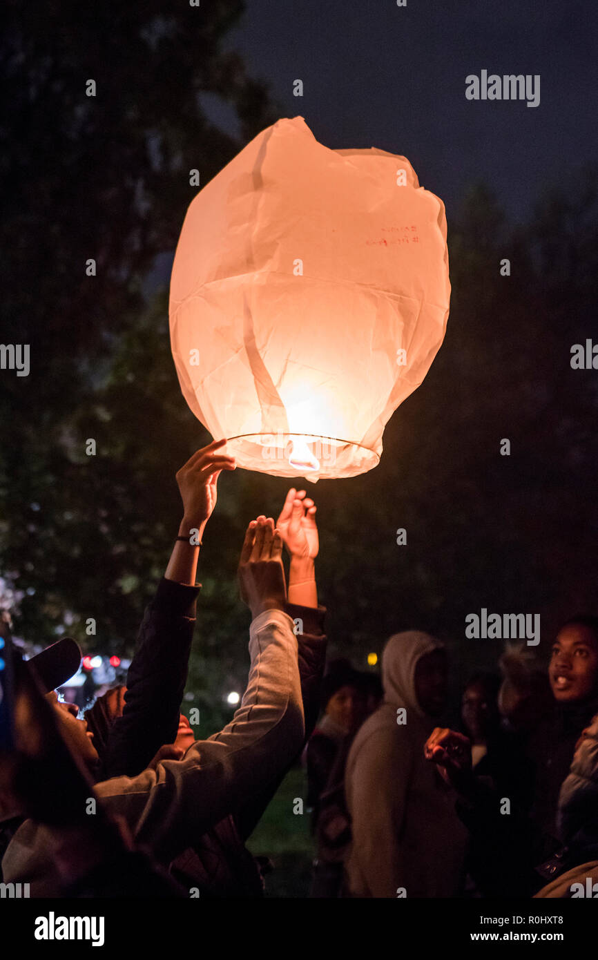 Clapham South, London, UK. 5th Nov 2018. A vigil is held for Malcolm Mide-Madariola, 17, from Peckham, the victim of Friday's stabbing at Clapham South Tube Station. Credit: Guy Bell/Alamy Live News Stock Photo