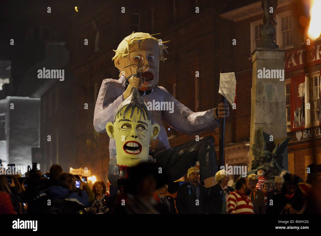 Lewes, East Sussex, UK. 5th November 2018. Boris Johnson effigy pulled through the streets of Lewes, East Sussex during the towns famous Bonfire celebrations ©️Peter Cripps/Alamy Live News Stock Photo