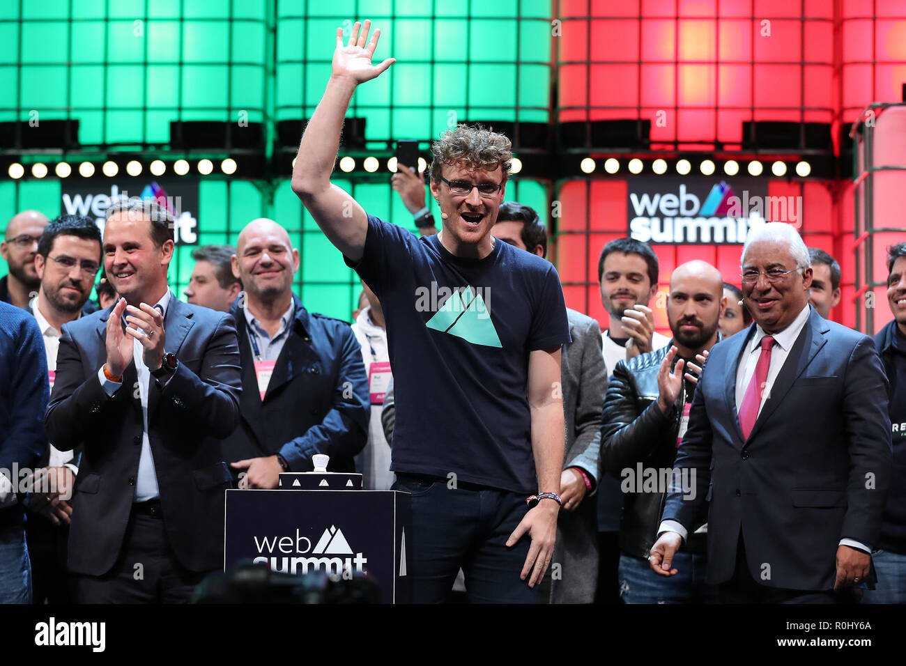 Lisbon, Portugal. 5th Nov, 2018. Mayor of Lisbon Fernando Medina (L), Portugal's Prime Minister Antonio Costa (R ) and Web Summit's Irish chief executive officer Paddy Cosgrave (C ) during the Web Summit 2018 opening ceremony in Lisbon, Portugal on November 5, 2018. Credit: Pedro Fiuza/ZUMA Wire/Alamy Live News Stock Photo
