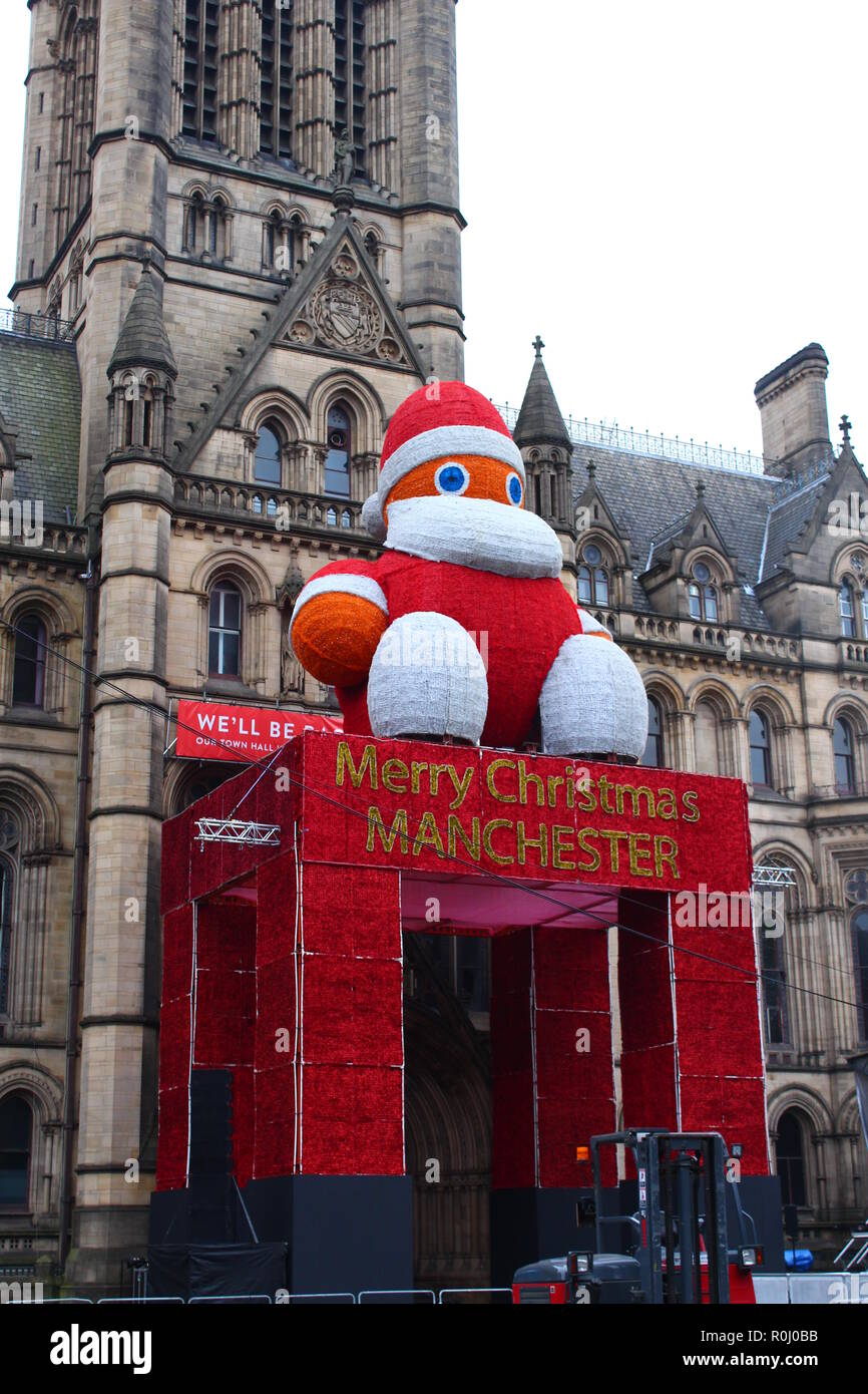 Manchester Town Hall with Merry Christmas Manchester & "Zippy" Santa