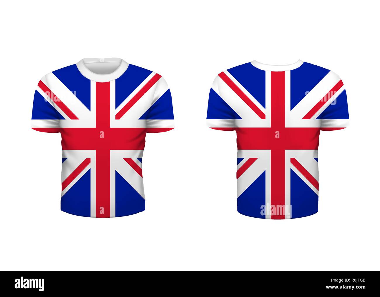 Realistic sport t-shirt with Great Britain flag from front and back isolated on white Stock Vector