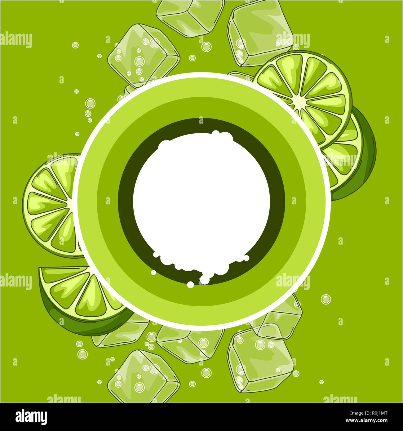 Background with limes. Ice cubes and soda bubbles. Stock Vector