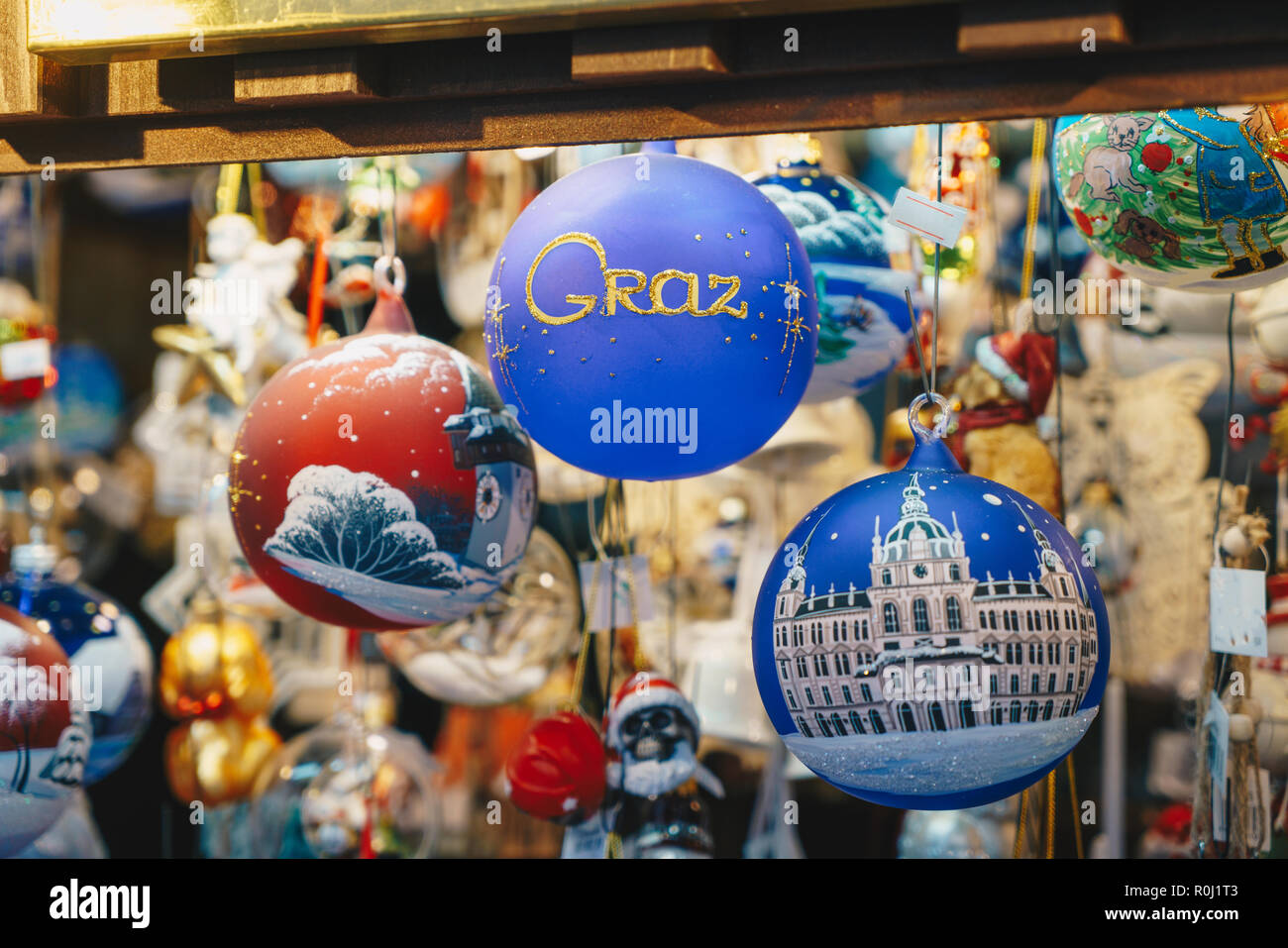 Christmas tree decorations in Graz advent market, Austria Stock Photo