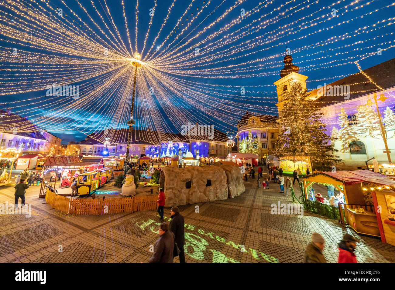 Sibiu Christmas Market in Piata Mare, Transylvania, Romania Stock Photo