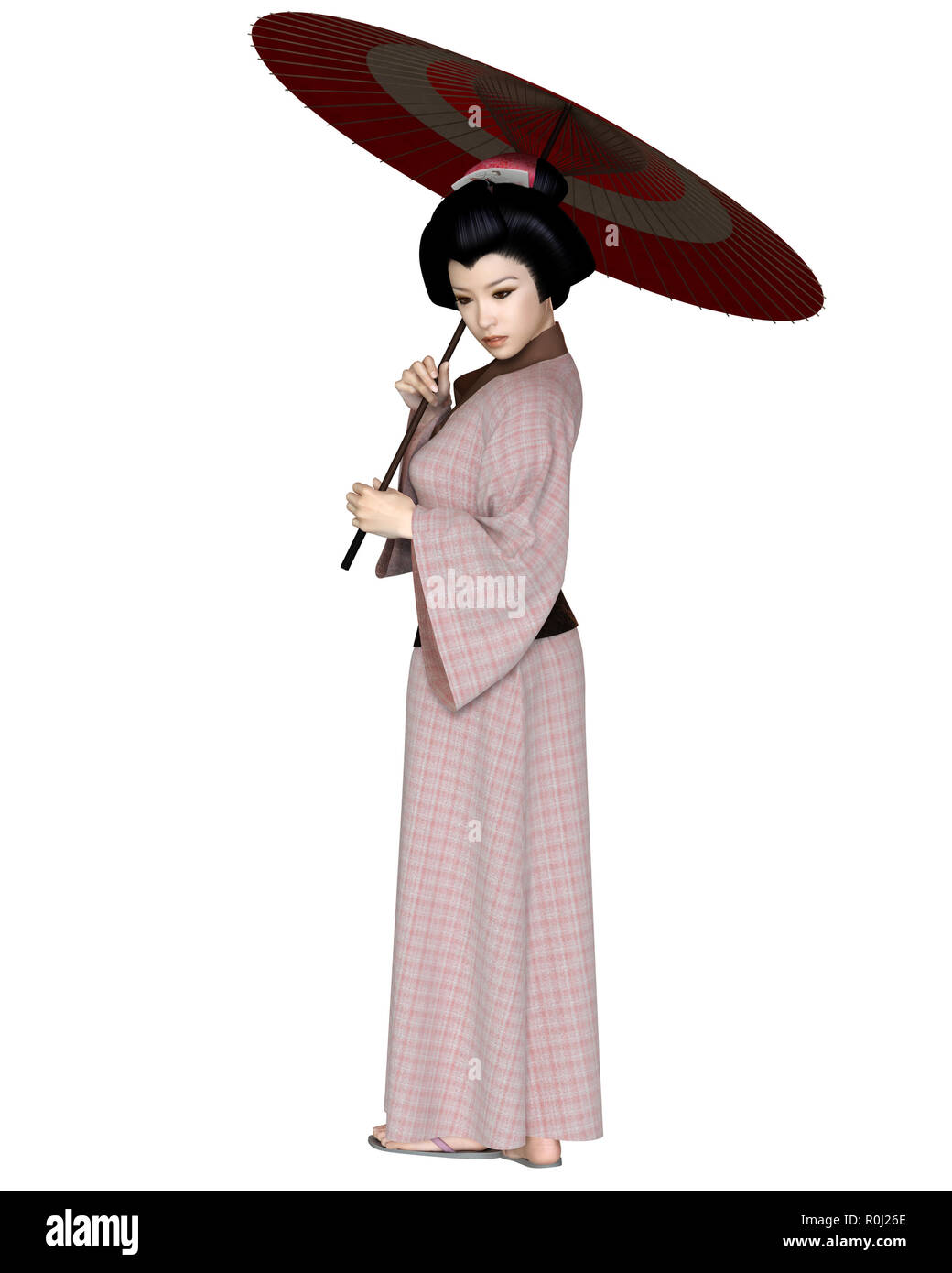 Young Japanese Woman in Pink Kimono with Parasol Stock Photo