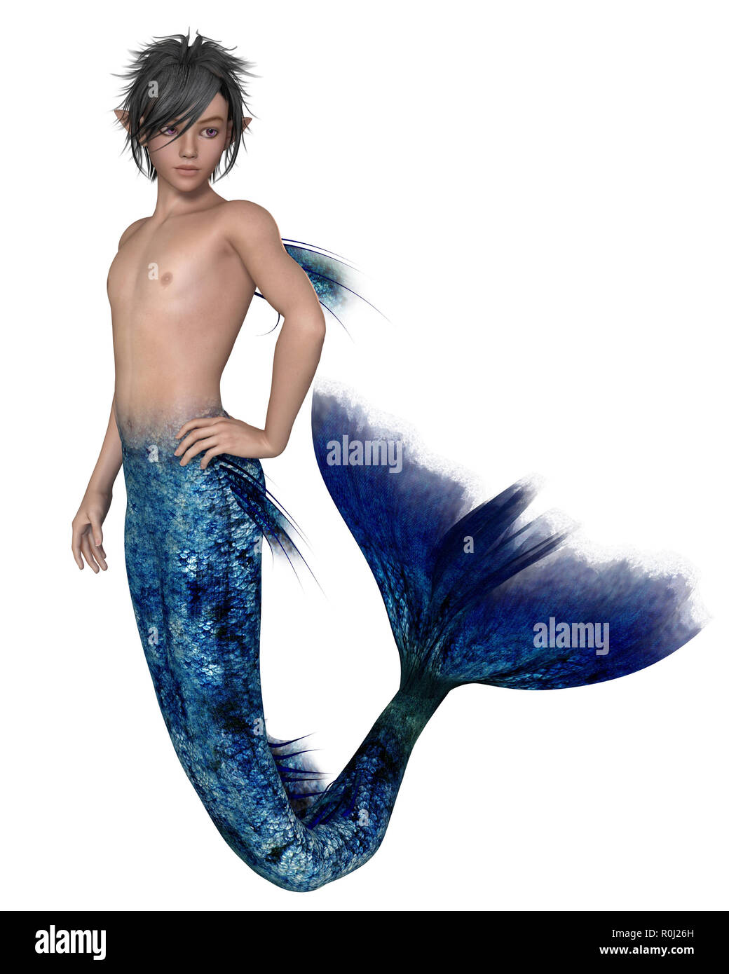 Young Merman with Dark Blue Fish Tail Stock Photo