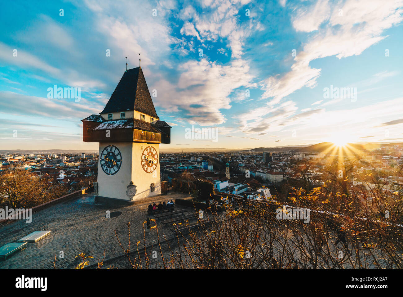 Graz city panorama at sunset from the top of Schlossberg hill Stock ...