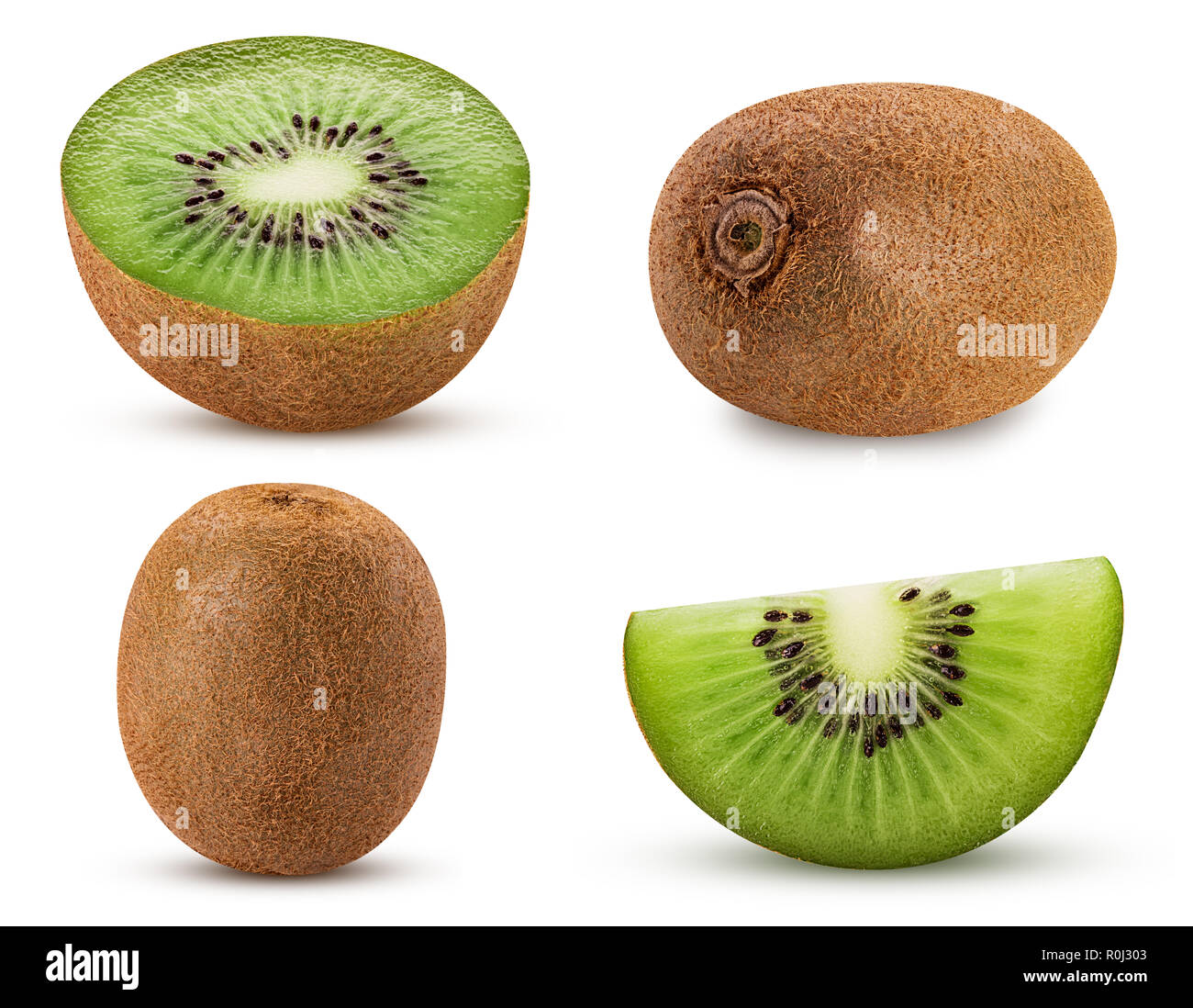 Collection ripe kiwi fruit, whole, cut in half, slice isolated on white
