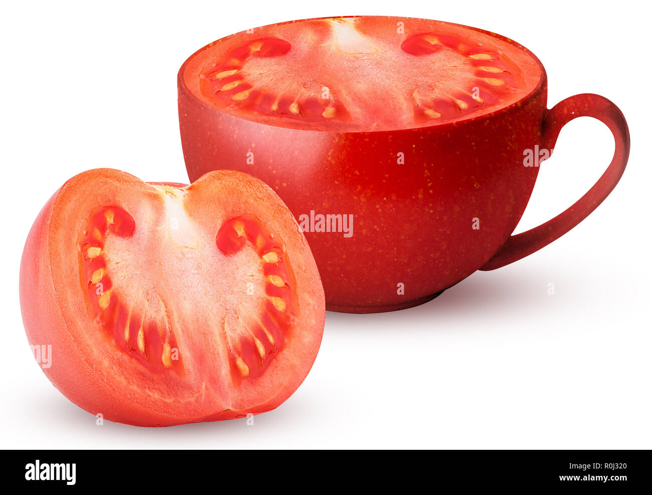 Mug of fresh red tomato one cut ine half isolated on white background Clipping Path. Full depth of field. Stock Photo
