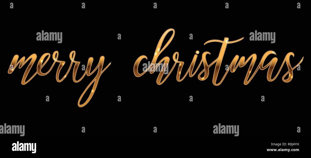 Vector gold Bright Merry Christmas brush lettering text on black ...