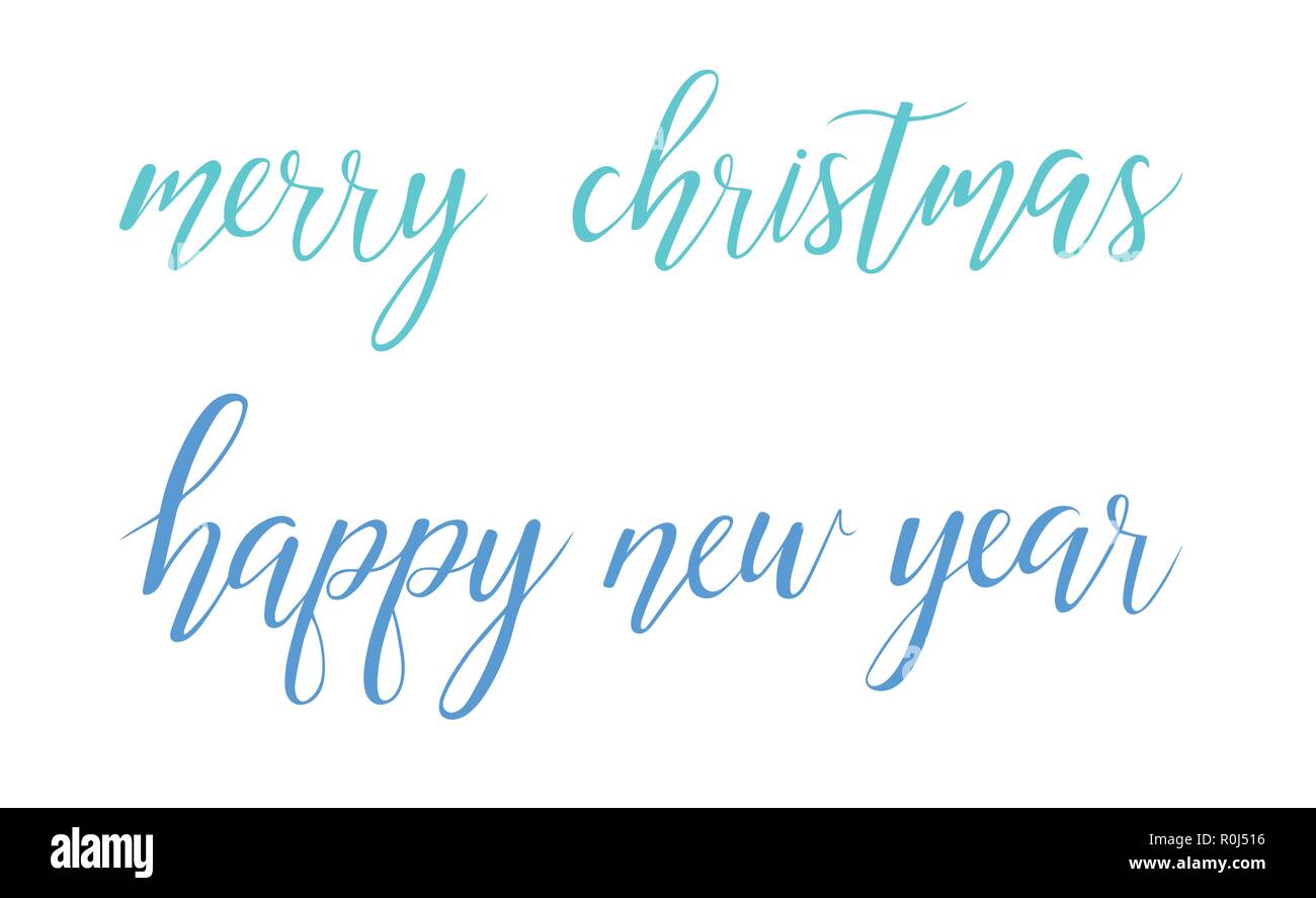 Vector Bright Merry Christmas Happy New Year brush lettering text on