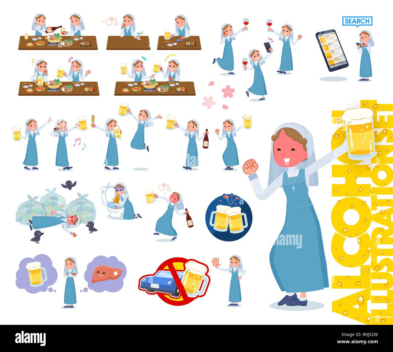 A set of Nun women related to alcohol.There is a lively appearance and action that expresses failure about alcohol.It's vector art so it's easy to edi Stock Vector