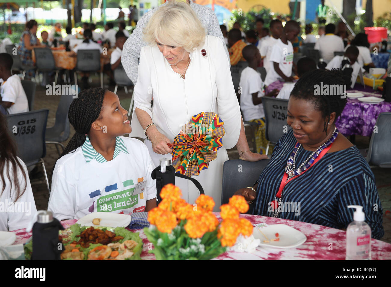 The Duchess of Cornwall meets students at a Commonwealth Big Lunch at the Ghana International School (G.I.S.) Junior Site, in Accra, Ghana, on day six of her trip to west Africa with the Prince of Wales. Stock Photo