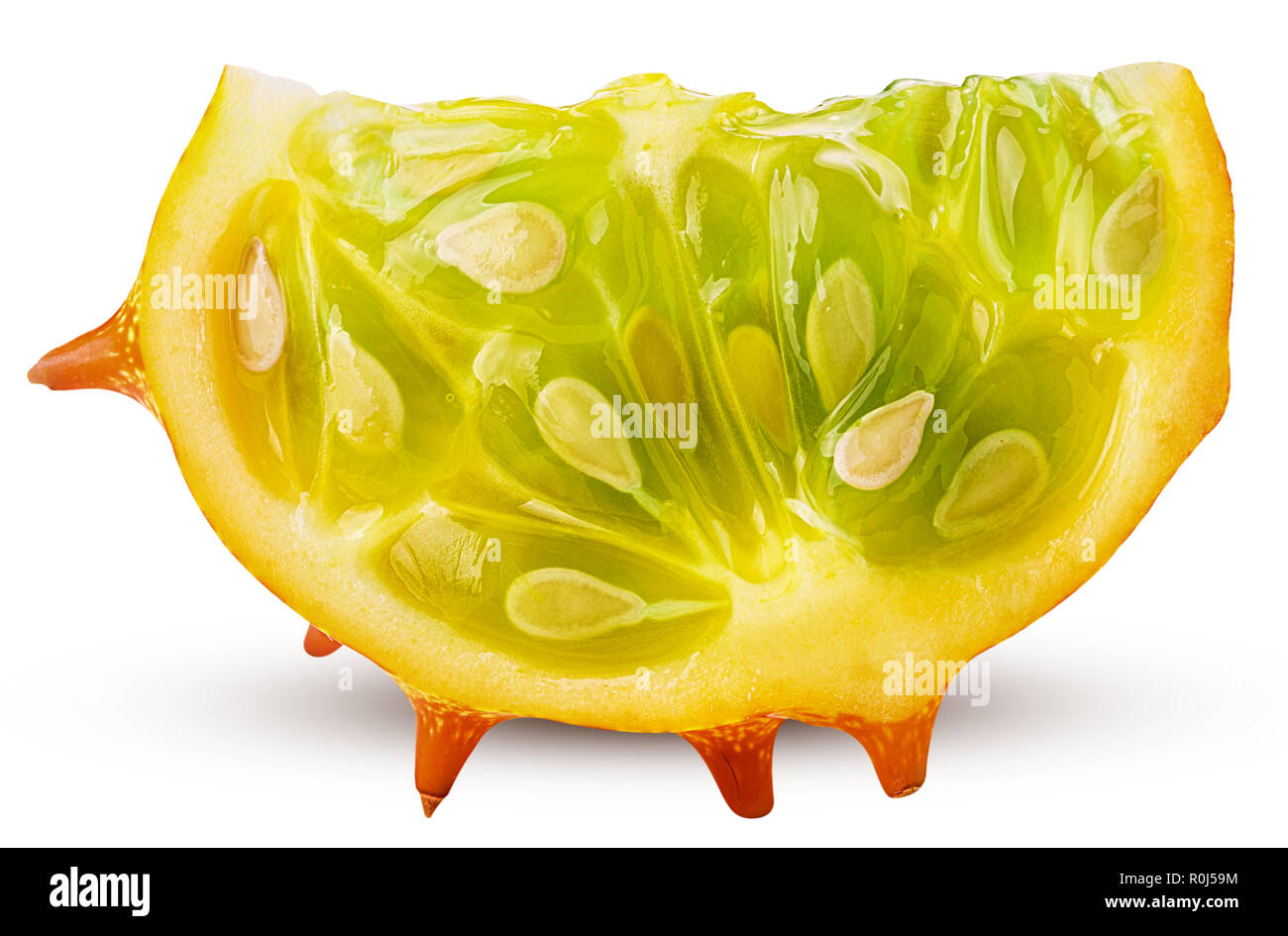 Kiwano, horned melon slice isolated on white background. Clipping Path. Full depth of field. Stock Photo