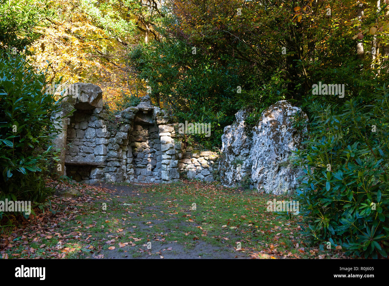 Stone seats and standing stones at Old Wardour Castle, near Tisbury, Salisbury, Wiltshire, UK. Stock Photo
