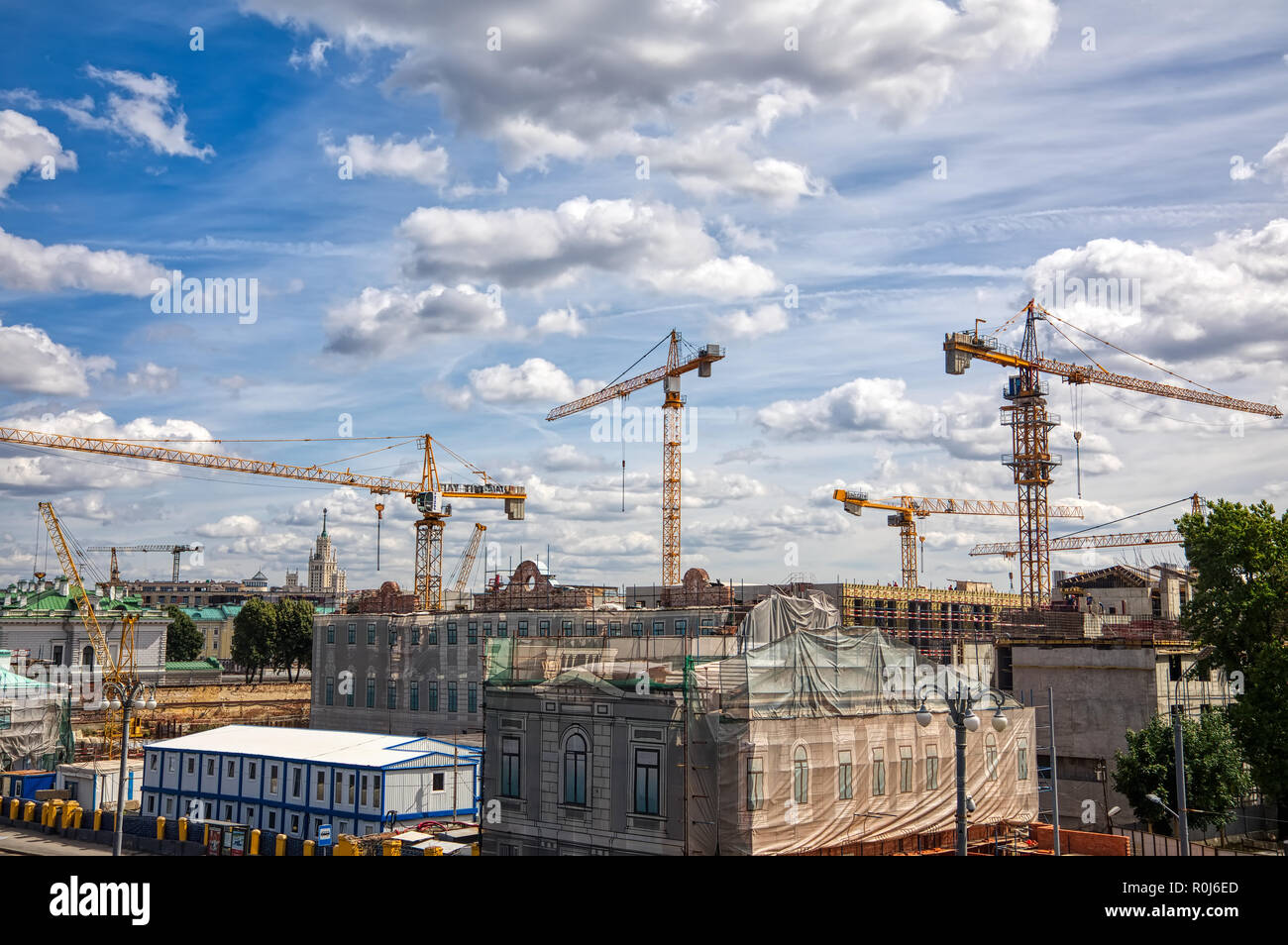 Moscow, Russia - August 13, 2018: construction cranes in the center of Moscow Stock Photo
