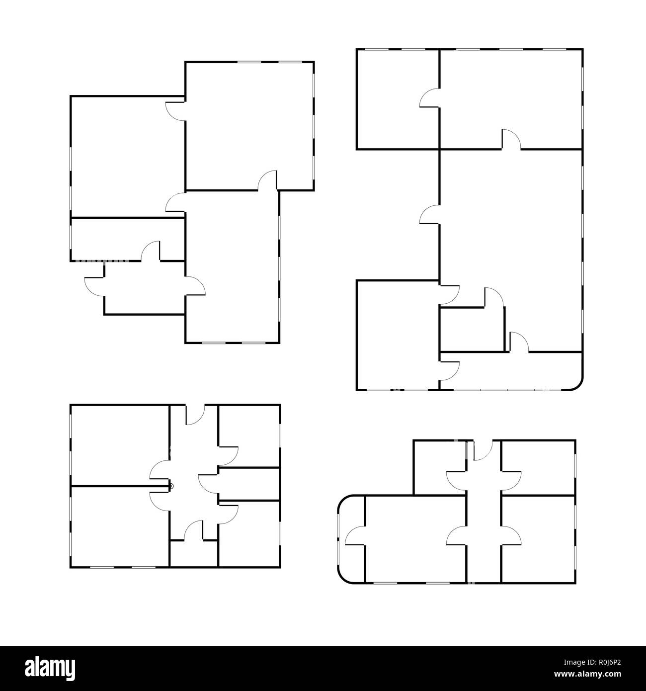 Set of different black and white house floor plans isolated on white Stock Vector