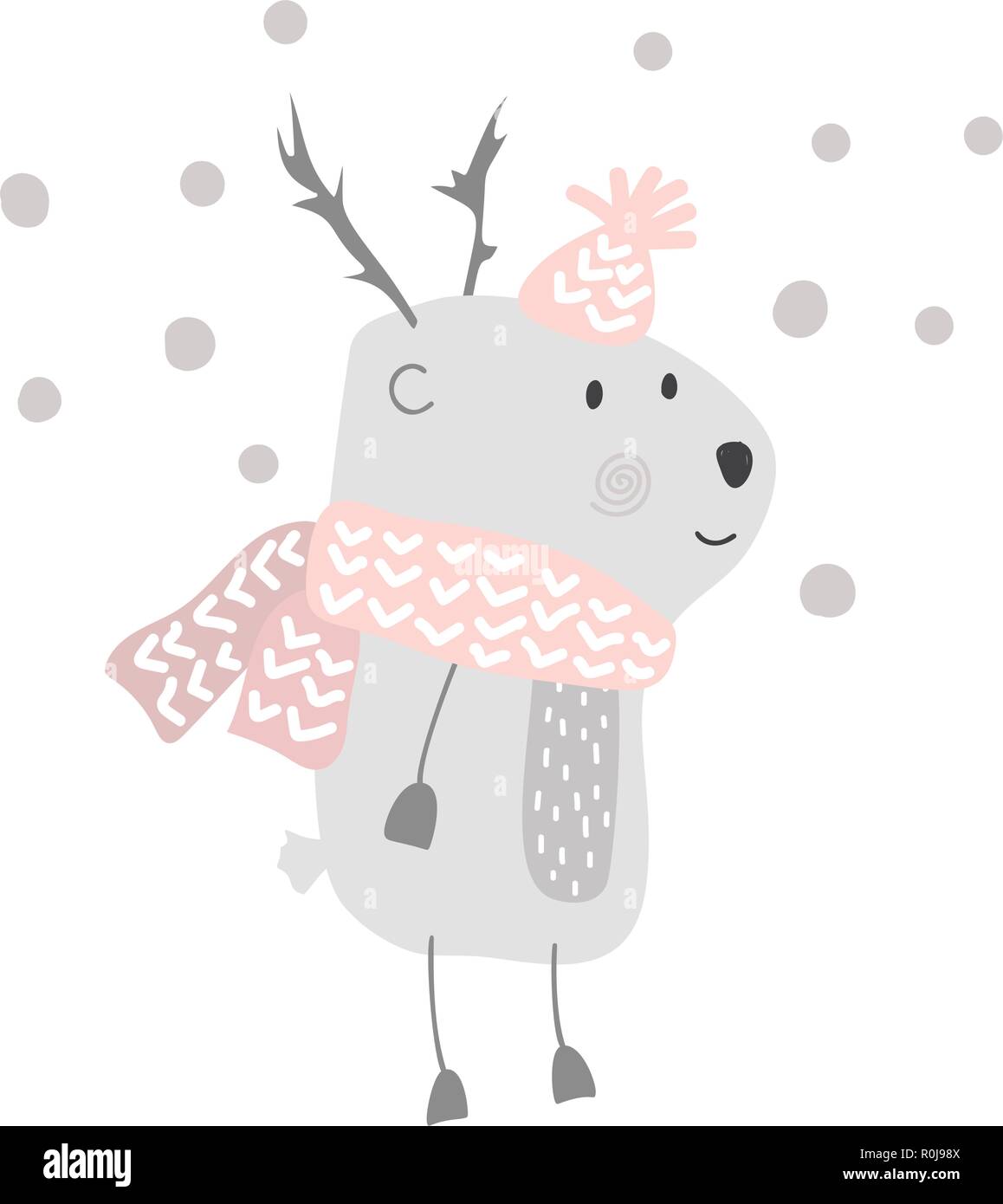 Christmas vector cute cartoon deer in hat and scarf illustration design. bambi animal vector. Merry Xmas greeting card Stock Vector