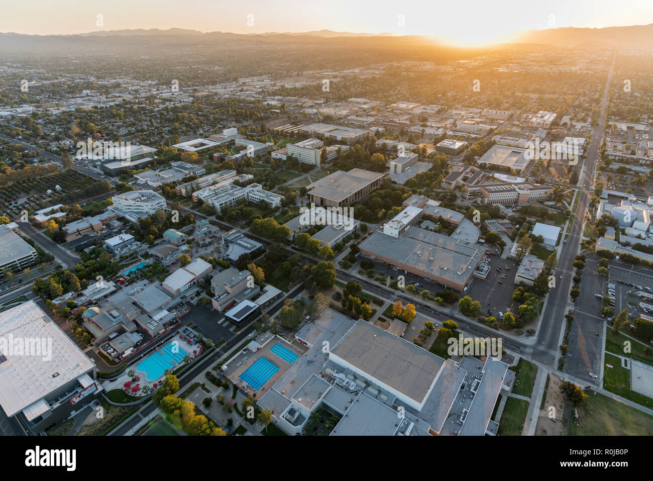 Los Angeles, California, USA - October 21, 2018:  Aerial Sunset view of California State University Northridge campus in the San Fernando Valley. Stock Photo