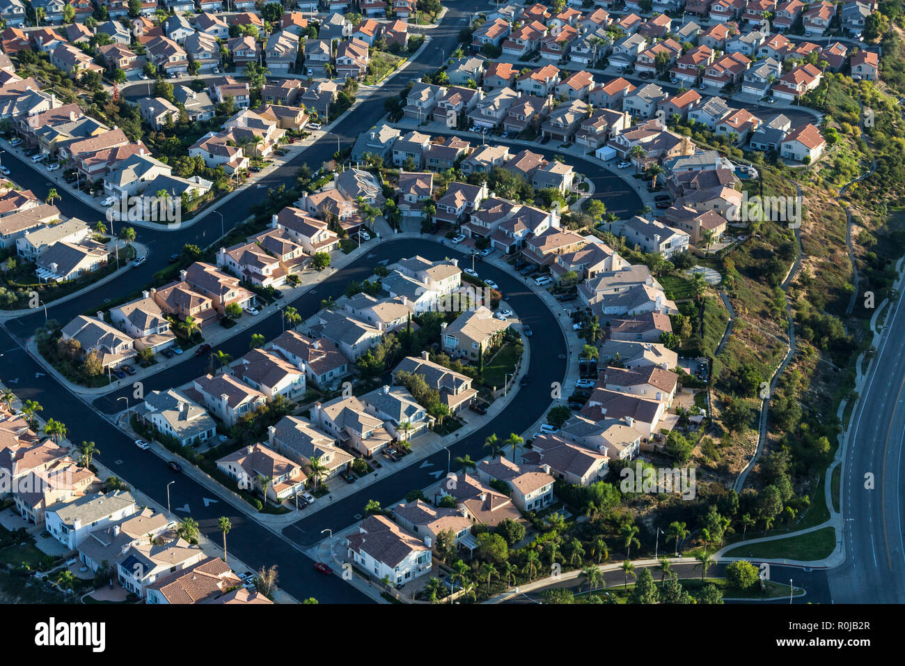 Aerial view of modern streets and homes in the San Fernando Valley area of Los Angeles 