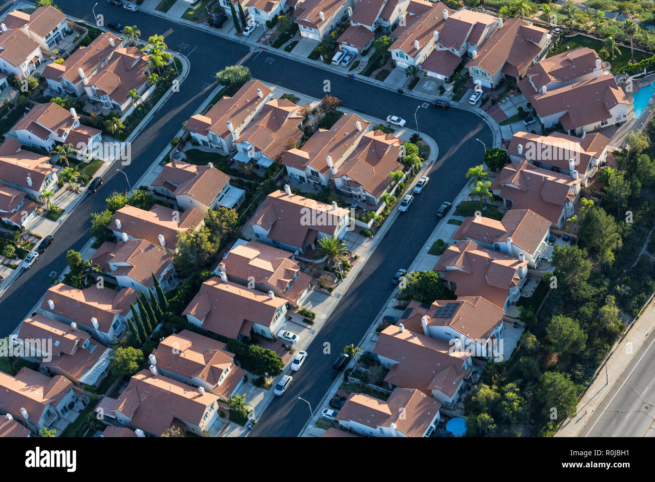 Aerial view of tightly packed homes in the San Fernando Valley area of