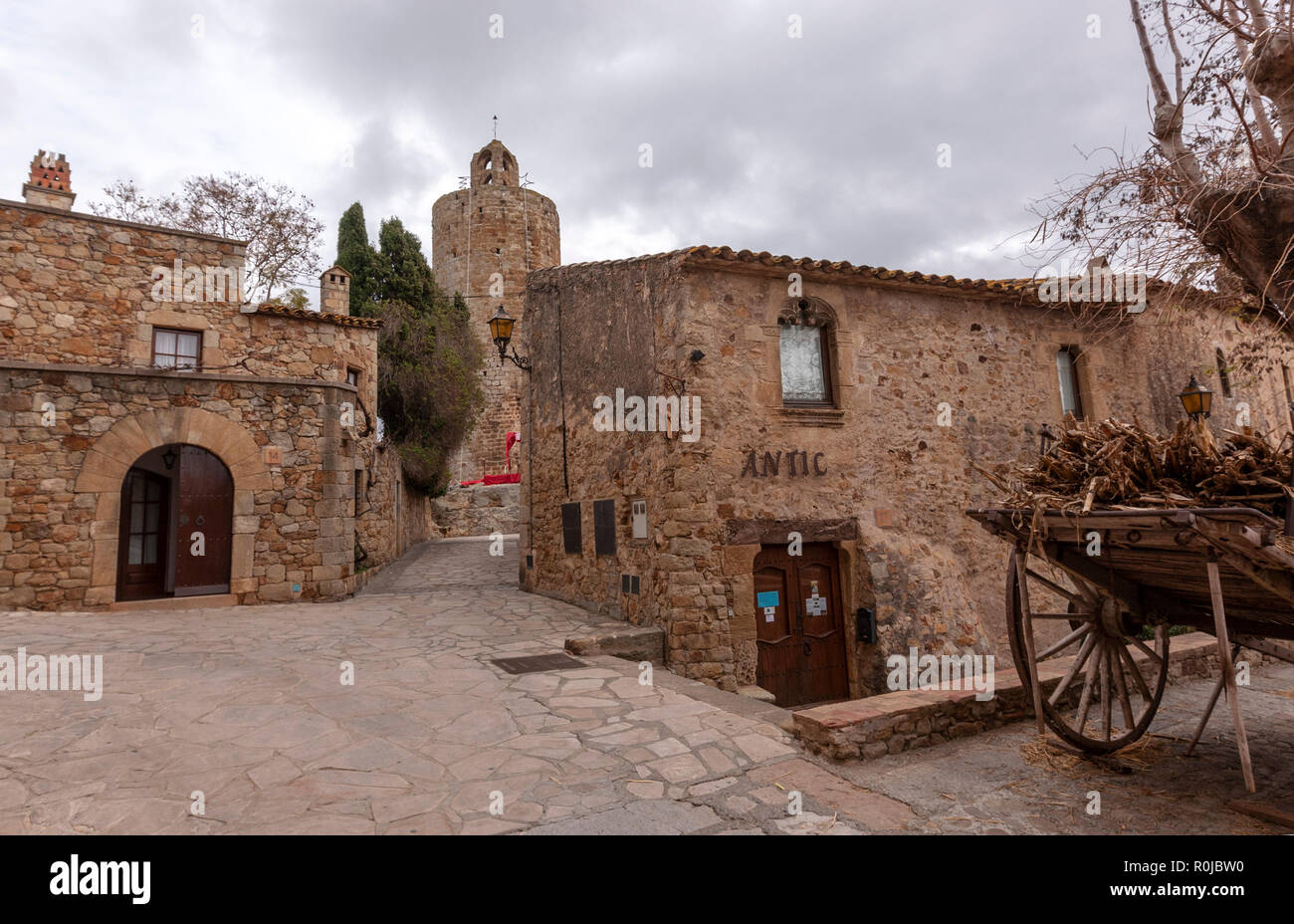 Pals a medieval town with stone houses and a medieval Romanesque tower in Girona Province, Catalonia, Spain Stock Photo
