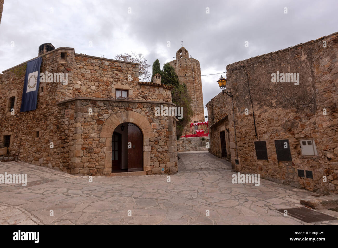 Pals a medieval town with stone houses and a medieval Romanesque tower in Girona Province, Catalonia, Spain Stock Photo