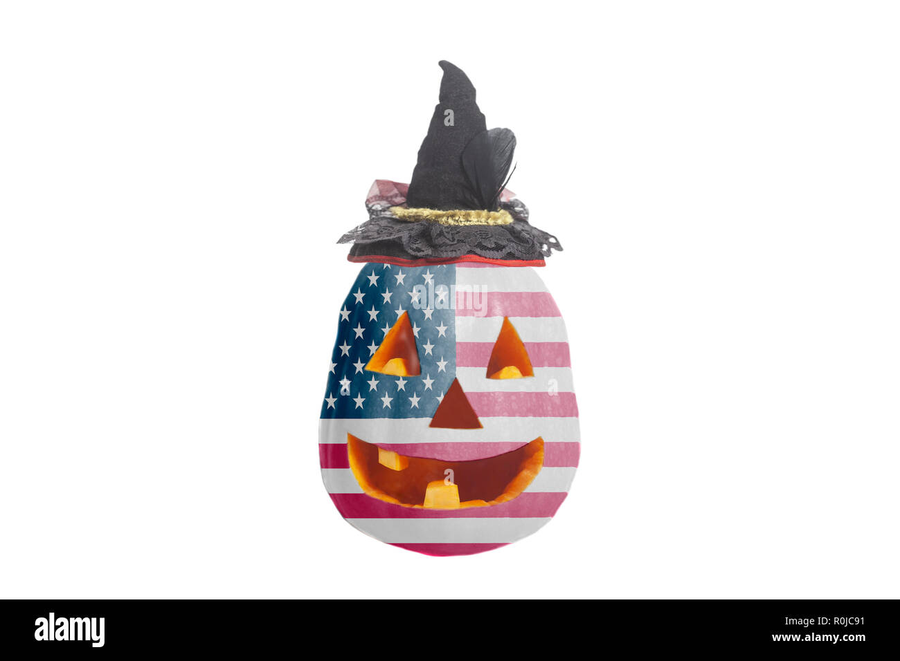 Halloween Pumpkin with USA flag and witch black hat isolated on white background Stock Photo