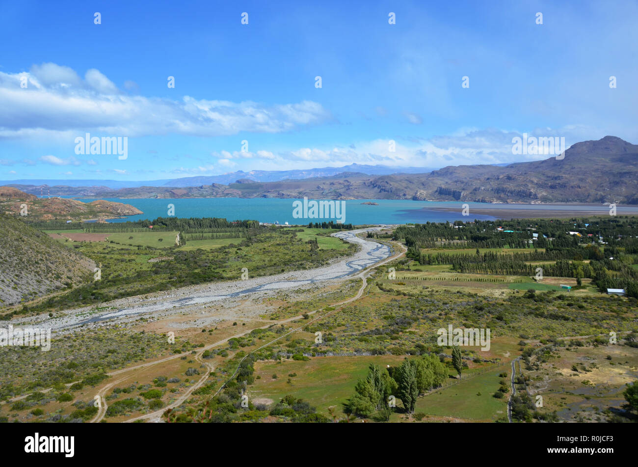 Looking over Puerto Ingeniero Ibañez and Lago Gral Carrera, Chile Stock Photo