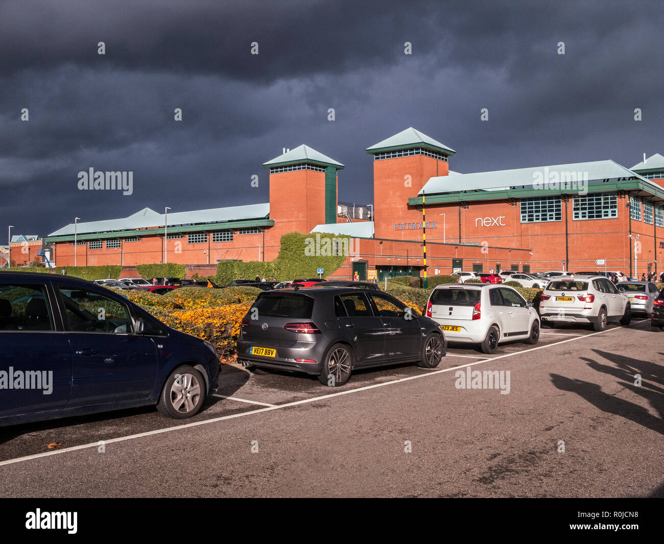 Meadowhall Shopping Centre Sheffield under dark sky Stock Photo