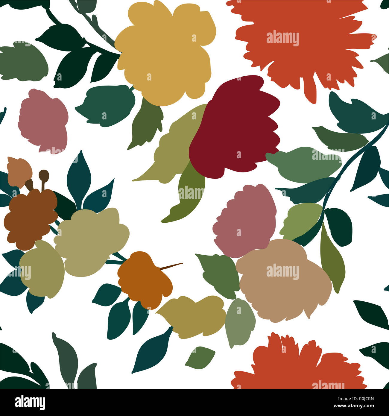 Silhouettes of different flowers and leaves hand drawn.Vector floral seamless background pattern for wallpaper, textile prints, fabric. Stock Photo