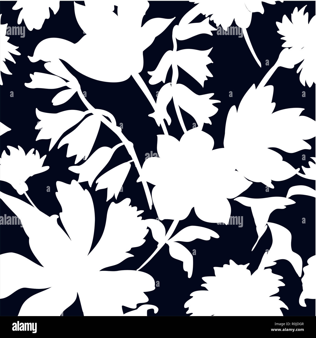 Silhouettes of different flowers and leaves hand drawn.Vector floral seamless background pattern for wallpaper, textile prints, fabric. Stock Photo