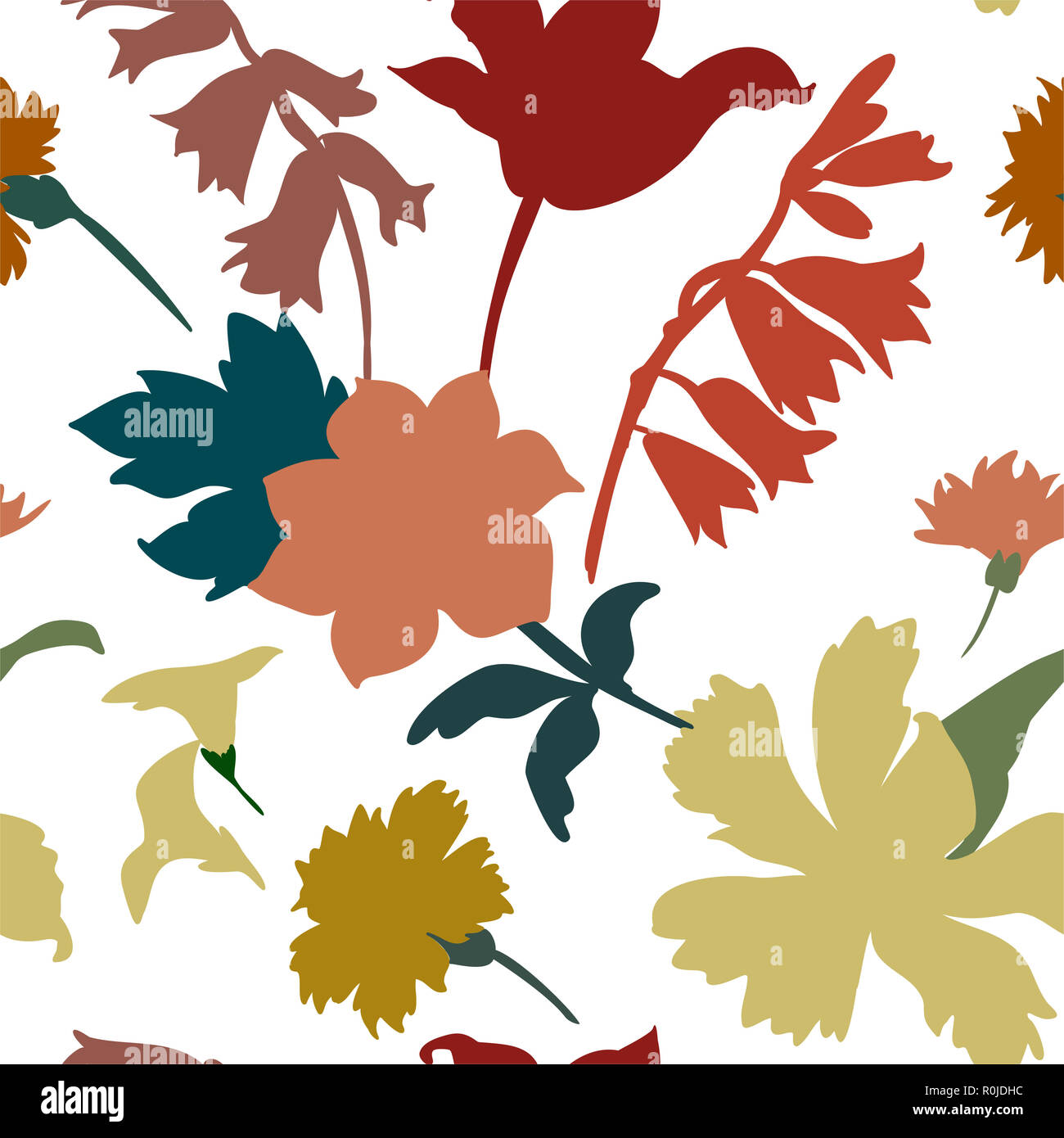 Silhouettes of different flowers and leaves hand drawn.Vector floral seamless background pattern for wallpaper, textile prints, fabric. Stock Photo