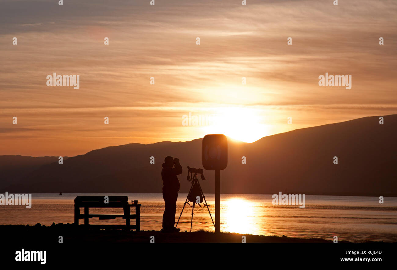 Silhouettes of people at sunset, Bunree, with Loch Linnhe in background, Lochaber, Scotland, UK Stock Photo