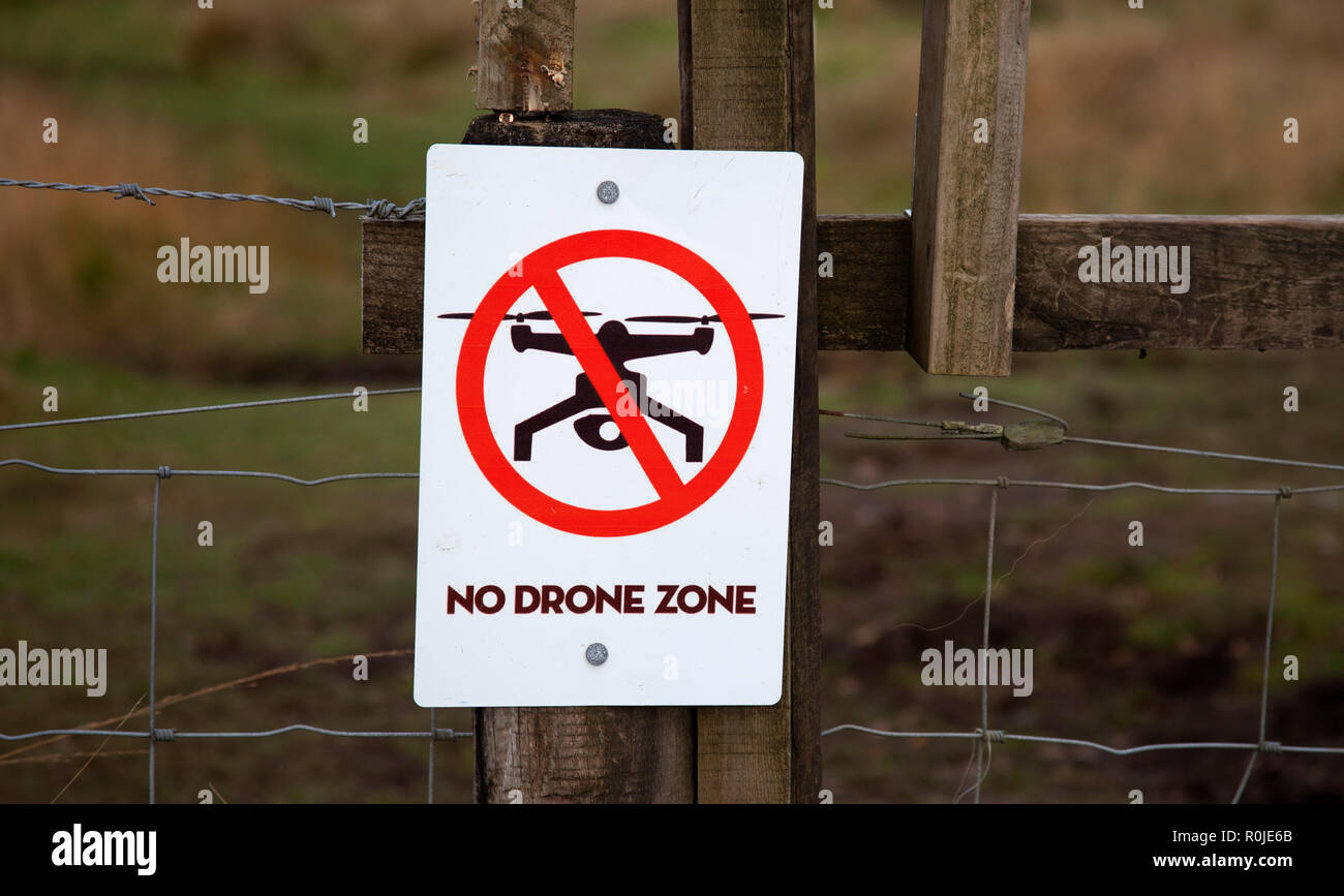 Sign for No Drone Zone, Loch Awe, Argyll and Bute, Scotland, UK Stock Photo