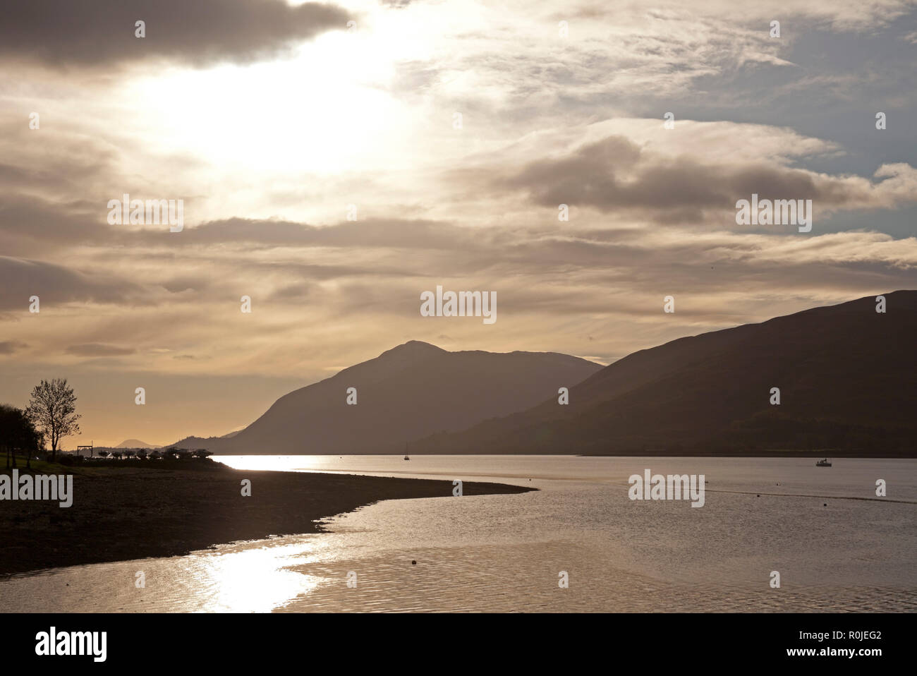 Monochromatic view across Loch Linnhe, from Bunree, Lochaber late afternoon, Lochaber, Scotland, UK Stock Photo