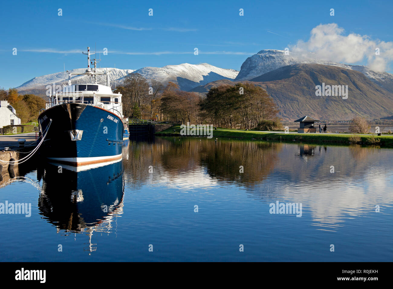 Ship docked at Corpach basin with Ben Nevis in background, Lochaber, Scotland, UK Stock Photo
