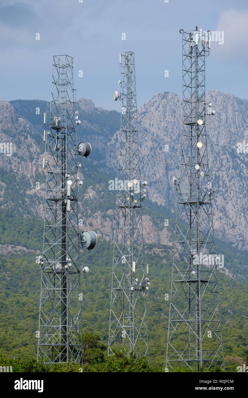 Radio and TV antenna towers for telecommunication Stock Photo