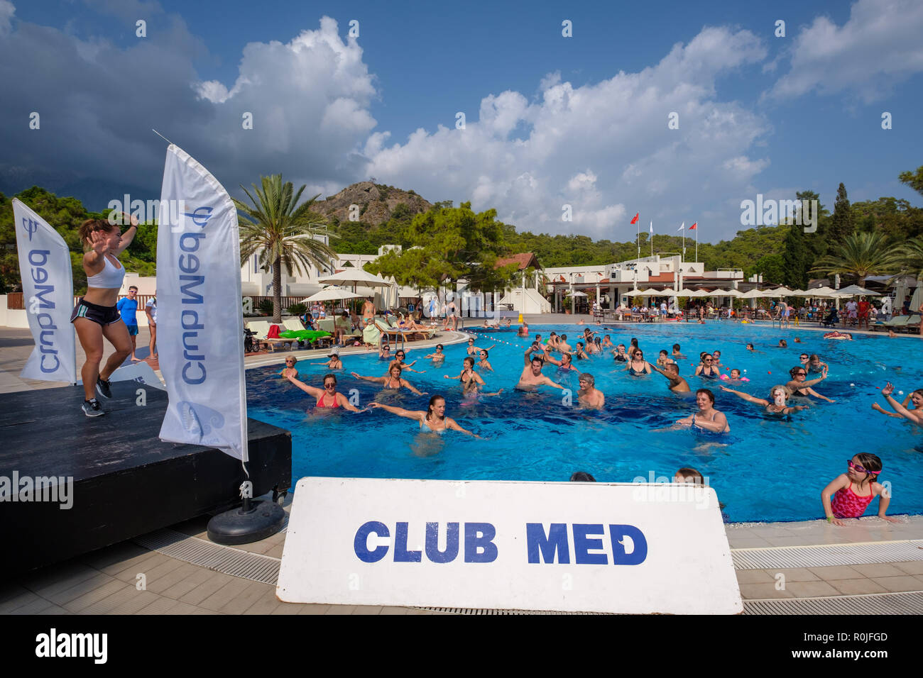 Pool activities at the Club Med Palmiye luxury all inclusive resort, Kemer, Antalya, Turkey Stock Photo