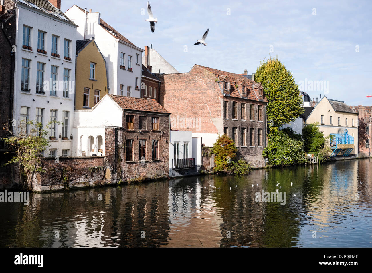 Houses along the Leie river, Ghent, Belgium Stock Photo