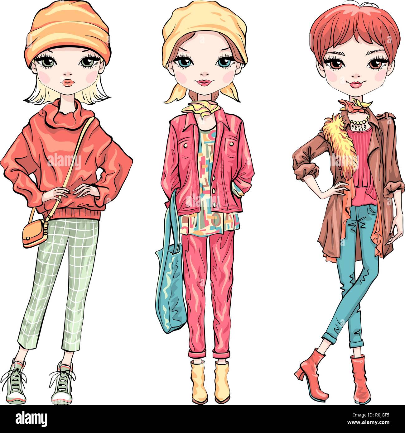 Set fashion girl in autumn clothes Stock Vector
