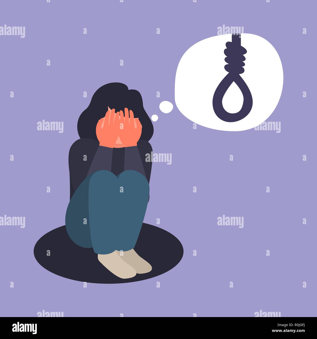 Depressive woman wants to commit suicide by hanging in the rope. Sad teen female think about death. Depression woman sit on the floor. Depressed girl  Stock Vector