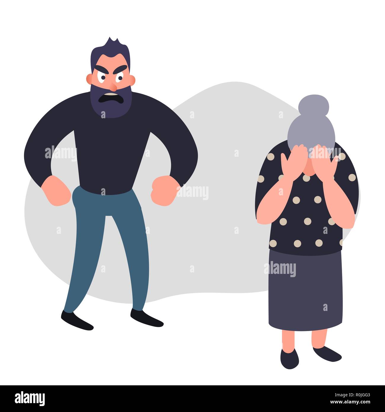 Family violence and aggression concept. Aggressive man scream at a scared elderly woman. Senior female crying covering her face. Stock Vector