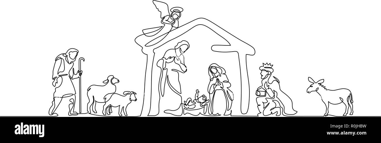 Continuous one line drawing. Bible Merry christmas scene of holy family. Vector illustration Stock Vector